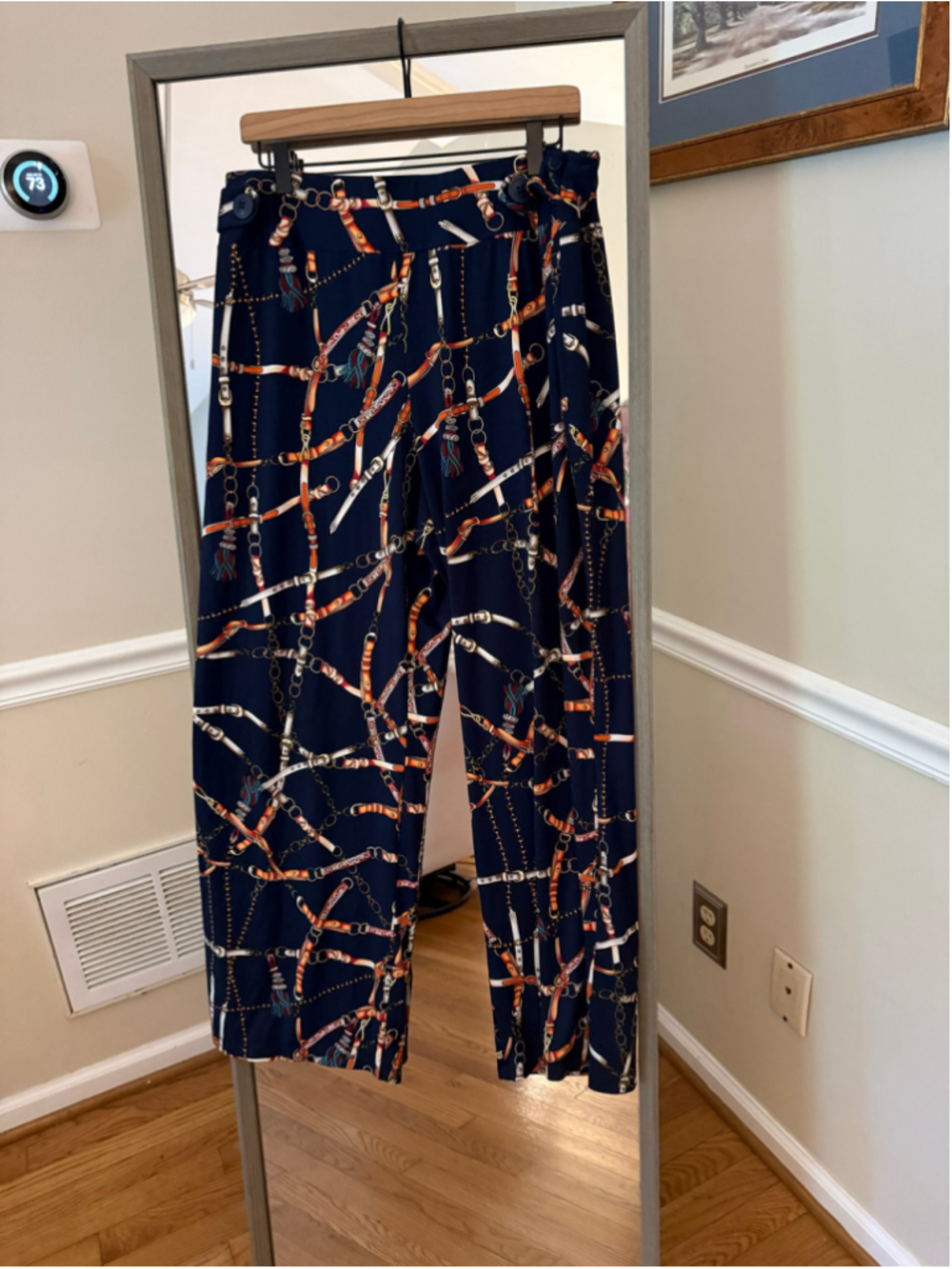Women's Robert Louis Wide Leg Pants XL Navy Orange Belt Print